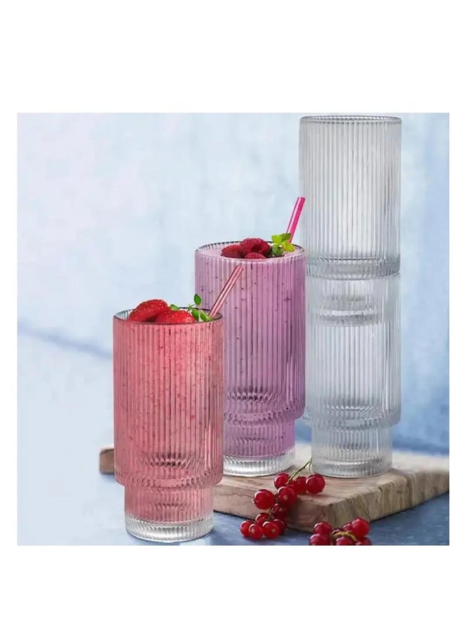 1CHASE Set of 4 - Ribbed Drinking Glasses with Glass Straws 450ml - Image 4